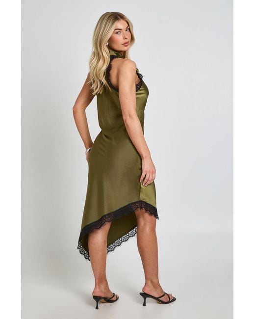 Boohoo Green Textured Satin & Lace Trim Midi Dress