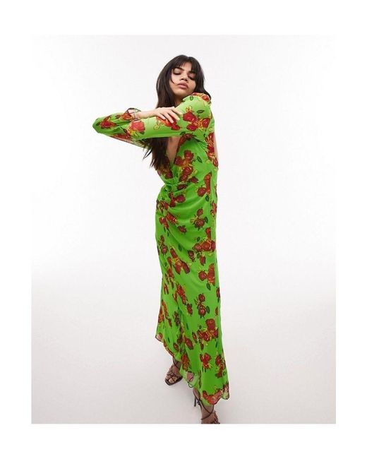 TOPSHOP Green Gathered Floral Open Back Long Sleeve Maxi Dress