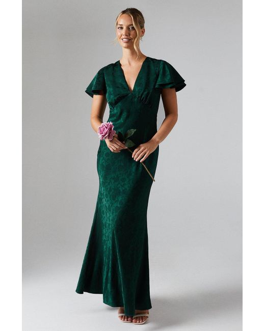 Oasis Green V Neck Angel Sleeve Satin Jacquard Bridesmaids Dress