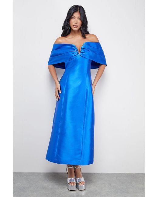 Warehouse Blue Satin Twill Notch Front Bardot Midi Dress