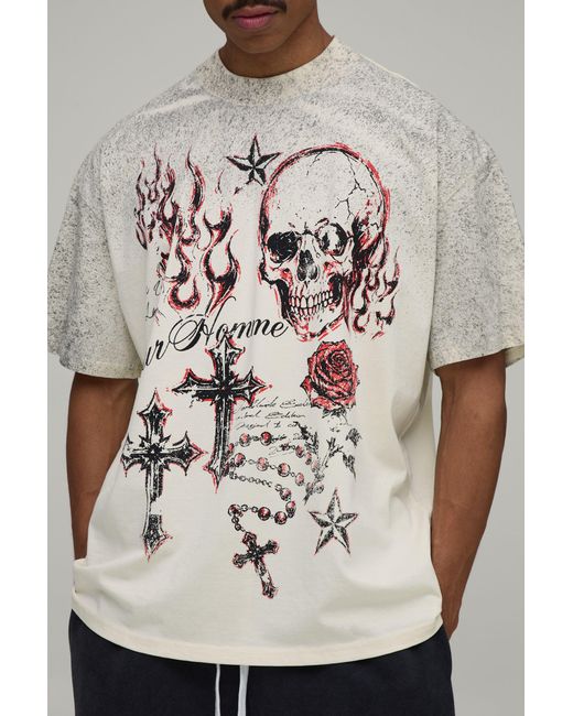BoohooMAN Natural Oversized Doodle Print Spray Wash T-Shirt Cotton for men