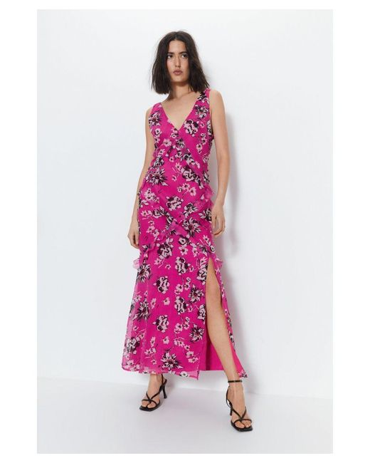 Warehouse Pink Premium Ruffle Detail Floral Maxi Dress