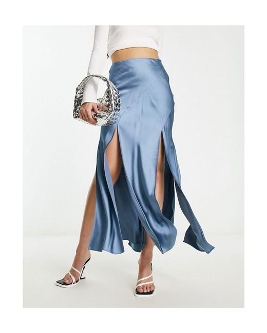 ASOS Blue Satin Maxi Skirt With Spliced Hem
