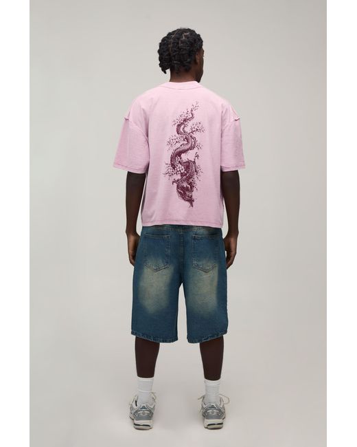 BoohooMAN Pink Washed Oversized Boxy Dragon Spine Print Exposed Seam T-Shirt for men