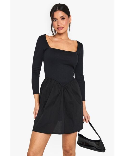 Boohoo Black Tall Jersey Rib Cotton Mix Long Sleeve Mini Dress