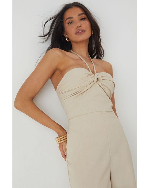 MissPap Natural Linen Look Twist Halter Neck Jumpsuit