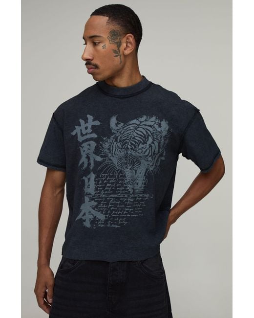 BoohooMAN Blue Acid Oversized Boxy Exposed Seam Tiger Print Raw Hem T-Shirt Cotton for men
