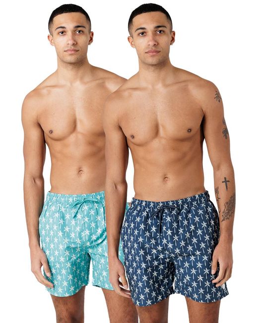 Tokyo Laundry Blue 2-Pack Palm Tree And Logo Print Swim Shorts With Drawstring Waist for men