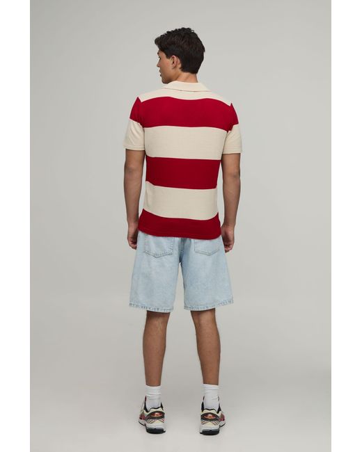 BoohooMAN Red Regular Fit Revere Striped Knitted Polo for men