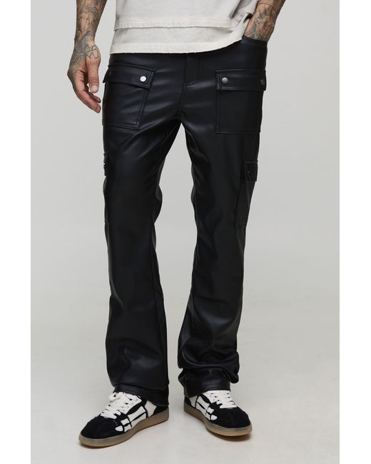 BoohooMAN Black Tall Leather Look Flared Multi Cargo Trousers for men