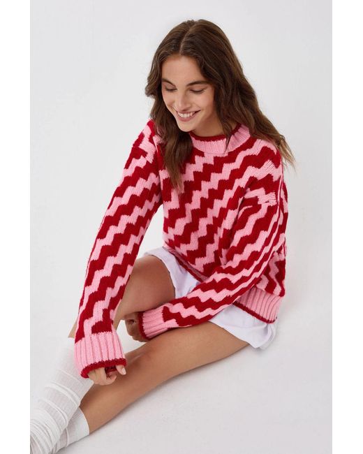 Hiccup Red Zigzag Patterned Crew Neck Sweater