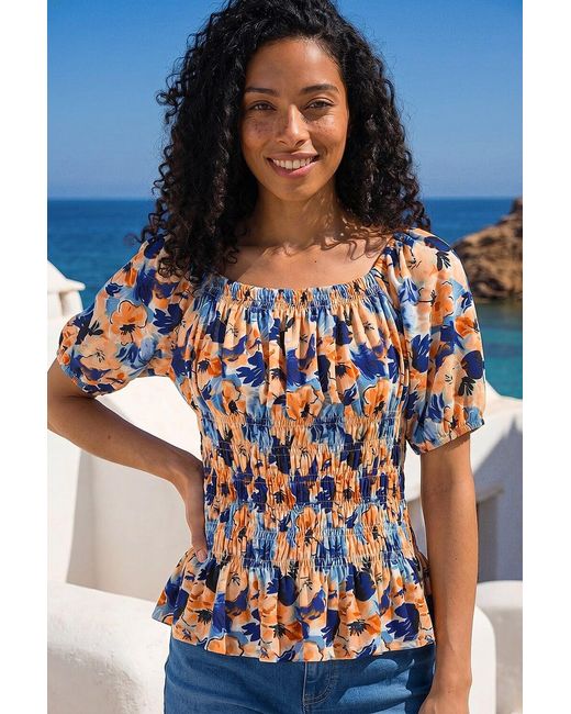 Roman Blue Floral Print Shirred Bardot Top