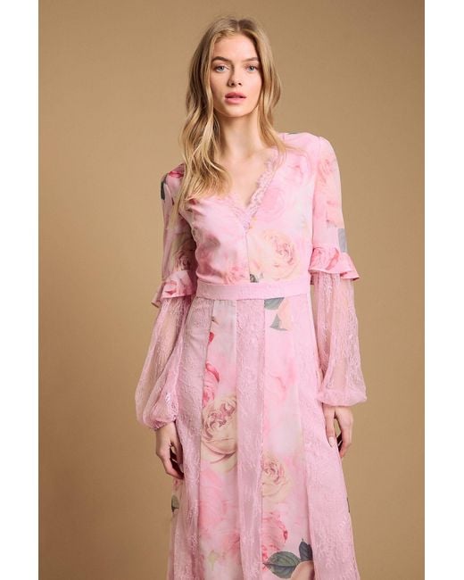 Oasis Pink Lace Panel Midi Dress