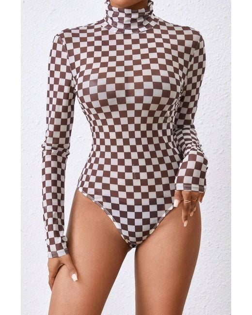 Azura Exchange Brown Braunes Kariertes Langarm-Hochkragen-Bodysuit
