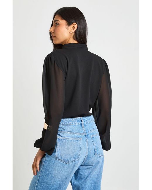 Boohoo Black Tall Wrap Chiffon Sleeve Bodysuit