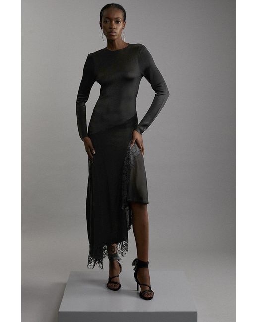Karen Millen Black Viscose Blend Slinky Sheer Lace Detail Asymmetric Knit Maxi Dress