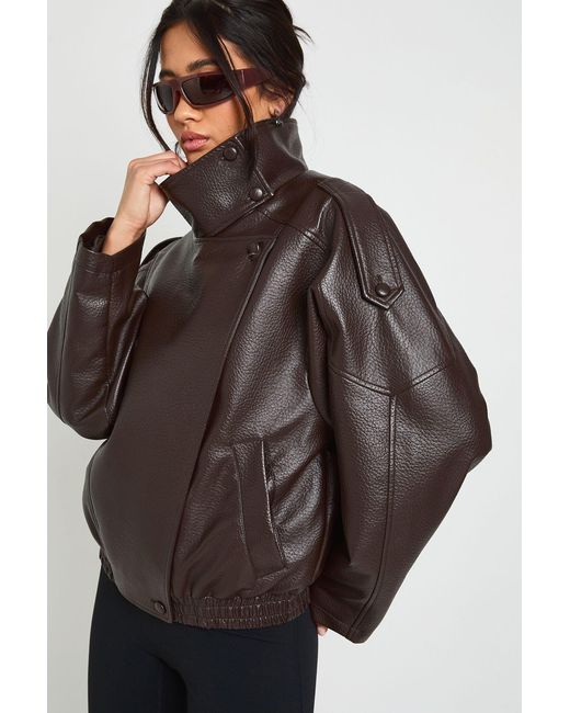 Boohoo Brown Faux Leather Funnel Neck Jacket