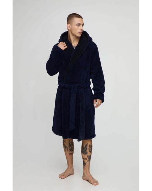 BoohooMAN Blue Borg Lined Hooded Dressing Gown for men