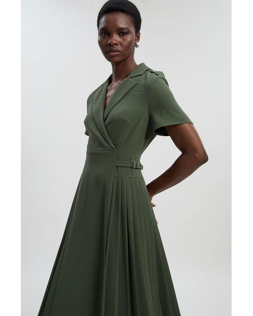 Karen Millen Green Petite Tailored Crepe Pleated Midi Shirt Dress