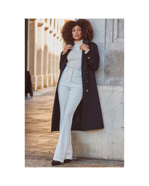 Sosandar Black Longline Trench Coat With Faux Leather Trim