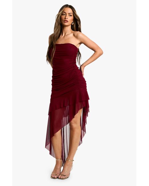 Boohoo Red Bandeau Ruched Mesh Ruffle Hem Mini Dress