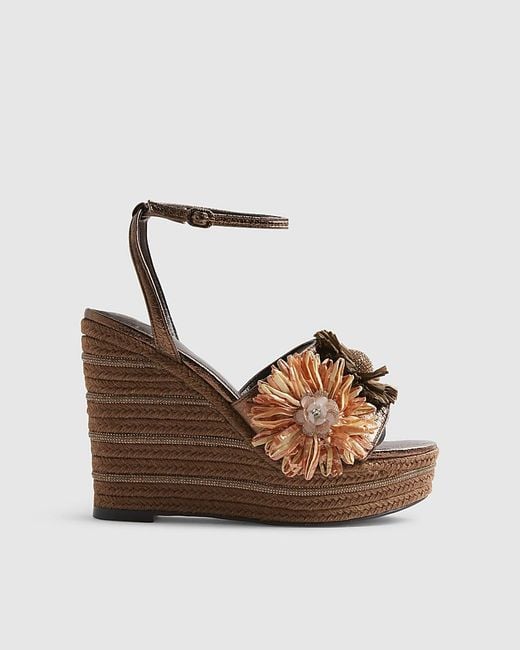 River Island Brown Wedge Sandals 3D Raffia Flower Del Maar Pu