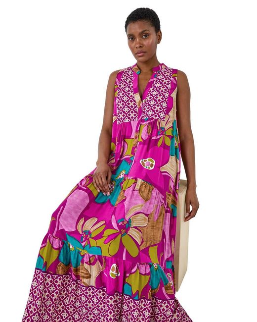 Roman Pink Boho Floral Print Smock Maxi Dress