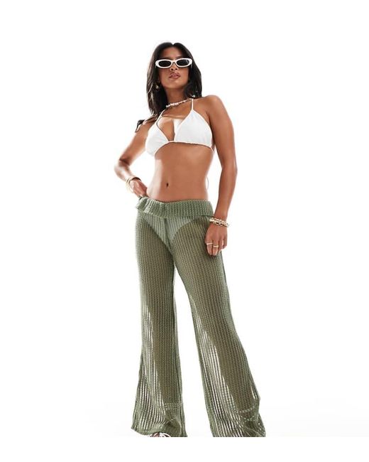 Only Petite Green Flare Beach Trousers With Folded Waistband