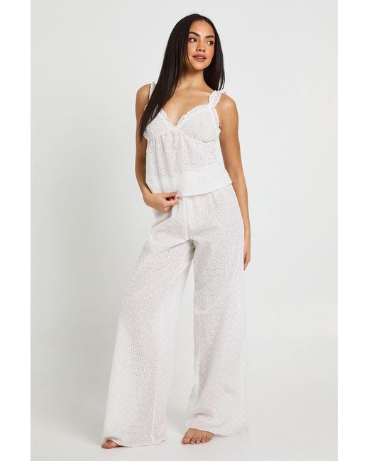 Boohoo White Broderie Frill Detail Cami & Trouser Pyjama Set