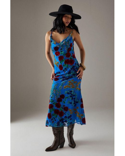 Warehouse Blue Petite Premium Burnout Cowl Neck Strappy Midi Slip Dress