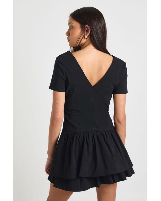 Boohoo Black Bengaline V Neck Gathered Skirt Mini Dress