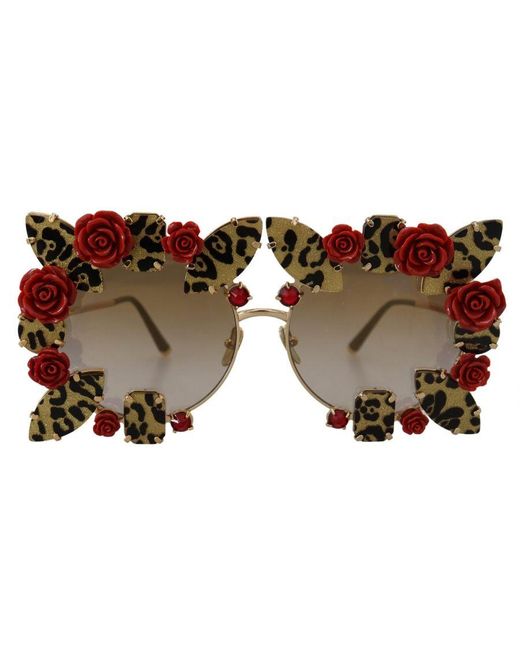 Dolce & Gabbana Brown Embellished Metal Frame Sunglasses With Roses