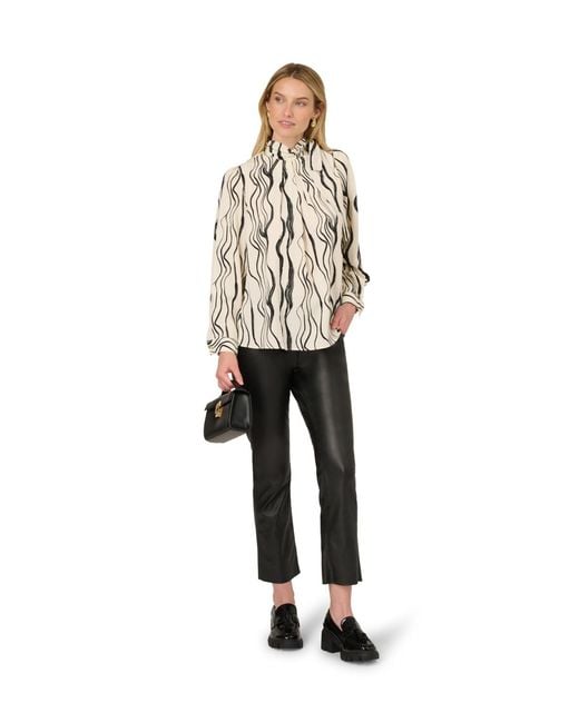 Adrianna Papell White Shirred Bow Tie Neck Printed Woven Blouse With Pleats