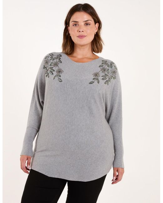 Blue Vanilla Gray Curve Embellished Shoulder Jumper