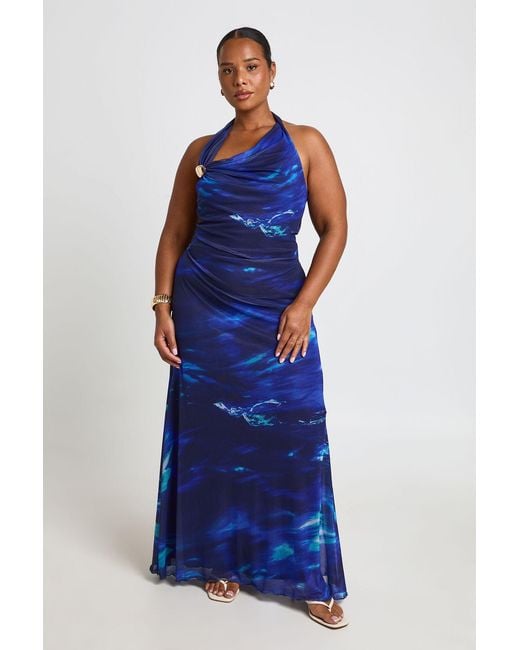 Boohoo Blue Plus Abstract Cowl Neck Trim Detail Maxi Dress