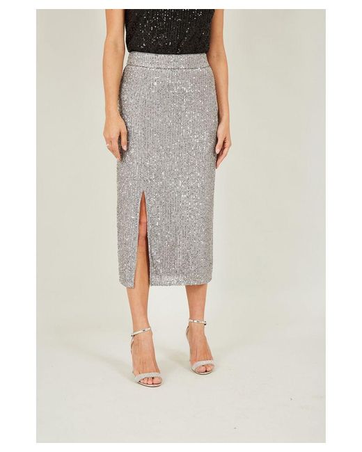 Yumi' White Sequin Fitted Skirt With Front Slit