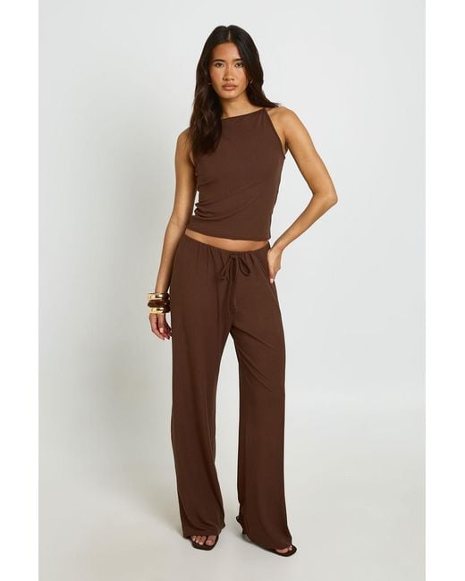 Boohoo Brown Soft Rib Vest And Straight Leg Trouser Co-Ord