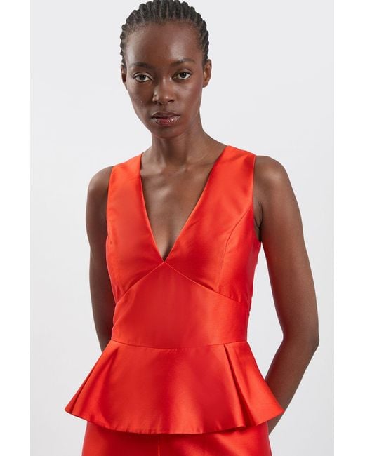 Karen Millen Red Satin Twill Peplum Wide Leg Jumpsuit