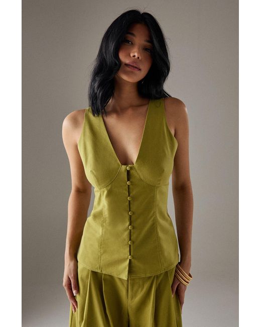 Warehouse Green Linen Blend Button Through Sleeveless Top