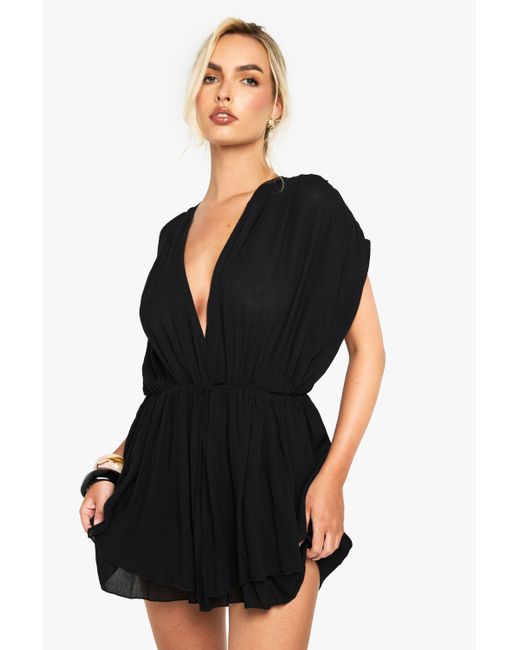 Boohoo Black Cheesecloth Plunge Layered Playsuit