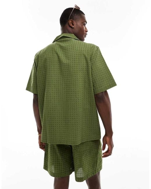 ASOS Green Co-Ord Short Sleeve Relaxed Fit Revere Collar Broderie Shirt for men
