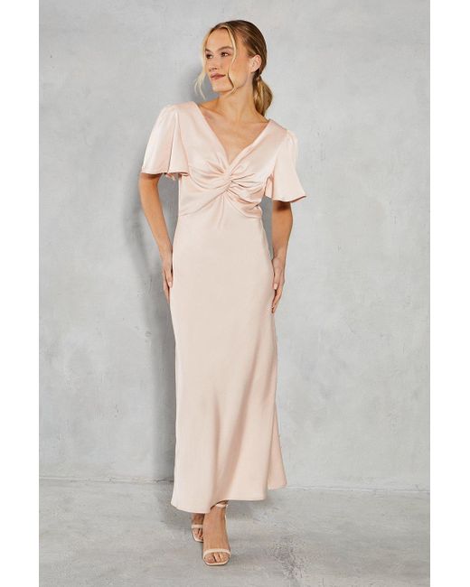 Oasis Gray Satin Twist Front Angel Sleeve Midi Bridesmaids Dress