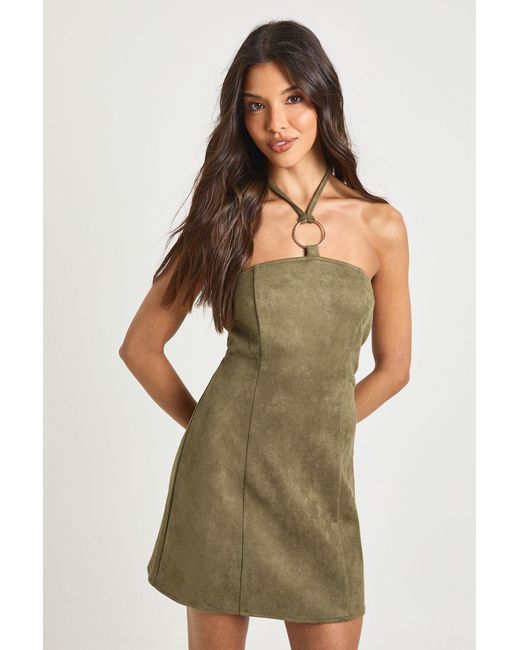 Boohoo Green Faux Suede Trim Mini Dress