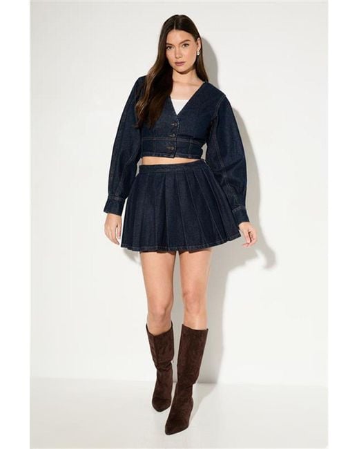 MissPap Blue Pleated Detail Denim Wrap Skirt