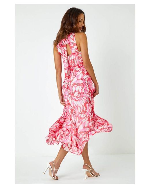 Roman Red Halter Neck Butterfly Print Asymmetric Dress