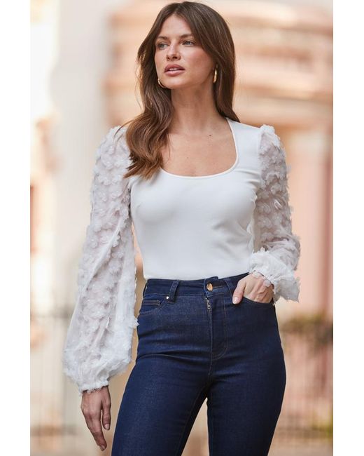 Sosandar Blue Premium Floral Applique Sleeve Top