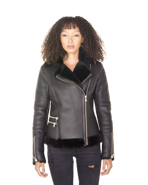 Infinity Leather Black Shearling Sheepskin Aviator Jacket-Kiev