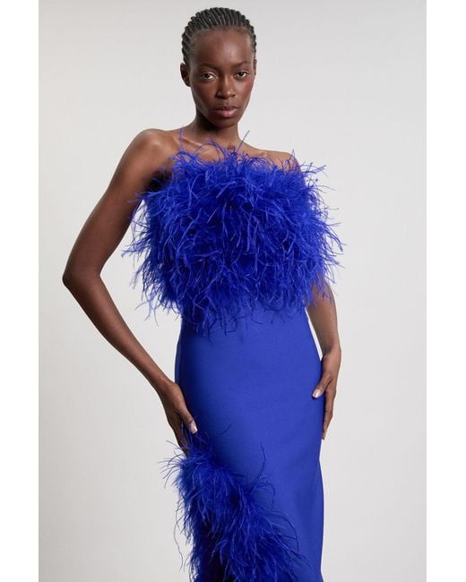 Karen Millen Blue Figure Form Bandage Feather Detail Bandeau Knit Midi Dress