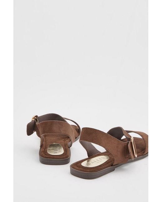 Wallis Brown Sandie Faux Suede Buckle Detail Asymmetrical Flat Sandals