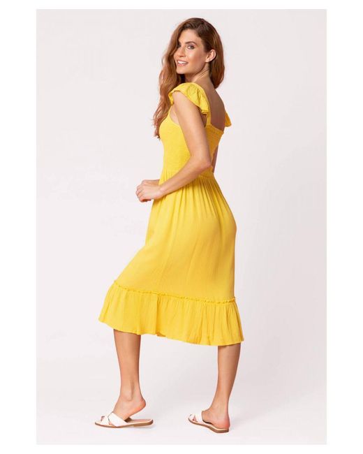 Roman Yellow Shirred Bodice Frill Detail Midi Dress